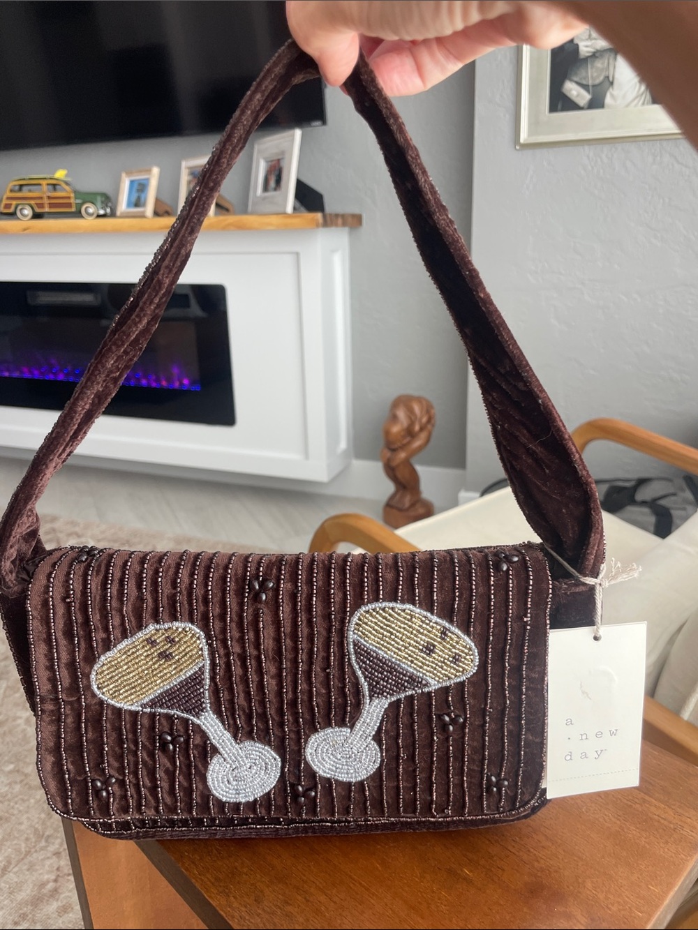 a new day Brown Quilted Velvet Shoulder Bag with Beaded Cocktail Motif
